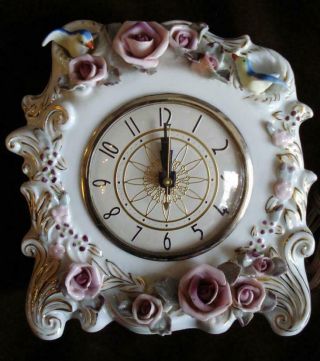 ANTIQUE PORCELAIN LANSHIRE CLOCK ELECTRIC ROSES BLUEBIRDS MADE IN OCCUPIED JAPAN 2