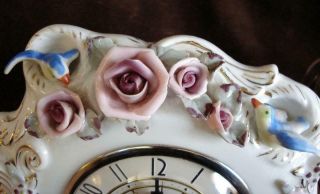 ANTIQUE PORCELAIN LANSHIRE CLOCK ELECTRIC ROSES BLUEBIRDS MADE IN OCCUPIED JAPAN 3