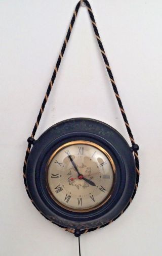 Antique Vintage SESSIONS Wall Clock - Painted Design w NAUTICAL STYLE Rope 3