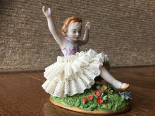 Antique 1918,  Dresden Sitzendorf Porcelain Lace Figurine Girl On Flower Bed