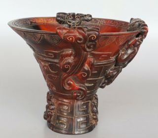 Chinese Exquisite Hand Carved Brave Troops Carving Ox Horn Cup