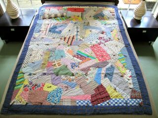 Vintage Hand Pieced Feed Sack Cotton,  Novelty Prints Crazy Tied Quilt; 70 " X 54 "