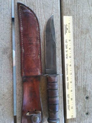 Vintage Wwii Usmc Ka - Bar Fighting Knife W/ Leather Sheath