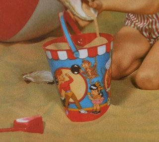 1954 Print Girl At Beach W/ Ohio Art Tin Litho Sand Pail Don Dean Circus Artwork