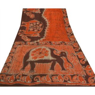 Sanskriti Vintage Orange Saree Pure Silk Batik Work Craft 5 Yd Decor Fabric Sari