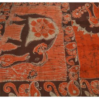 Sanskriti Vintage Orange Saree Pure Silk Batik Work Craft 5 Yd Decor Fabric Sari 2