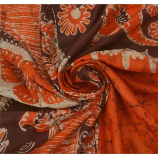 Sanskriti Vintage Orange Saree Pure Silk Batik Work Craft 5 Yd Decor Fabric Sari 4