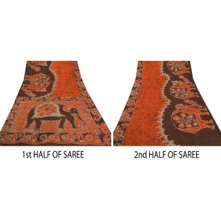 Sanskriti Vintage Orange Saree Pure Silk Batik Work Craft 5 Yd Decor Fabric Sari 5