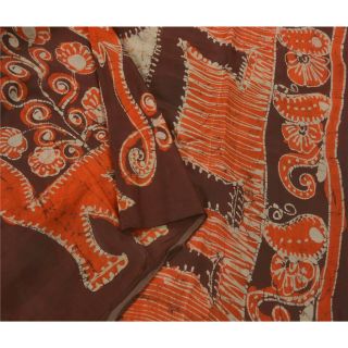 Sanskriti Vintage Orange Saree Pure Silk Batik Work Craft 5 Yd Decor Fabric Sari 6