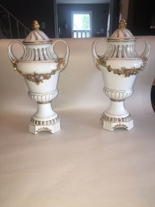 Pair Old French Paris Porcelain Handled Urns Gilt Flower Reticulated Antique