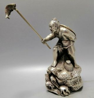 Collect China Antique Tibet Silver Carve Old Man Angling Unique Amusing Statue
