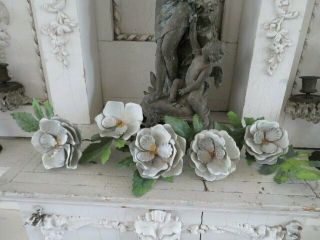 The Best 5 Old Vintage Italian Large Metal White Flowers Roses With Green Leaves