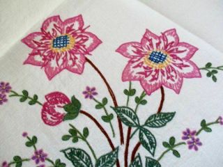 Vintage Tablecloth Hand Embroidered Pink Flowers - Linen