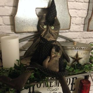 Primitive Summer Halloween Special Black Cat Witch Doll& Cat Ornie Decor