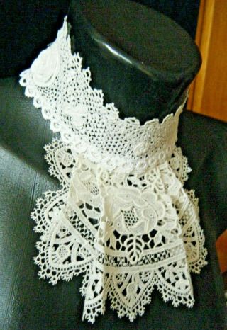 19c Old Vtg Victorian Jabot Schiffli Bobbin Lace Combo W Irish Crochet Lace