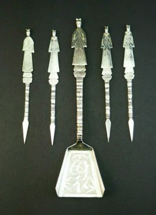 Antique Art Deco Chinese Export Solid Silver Figural Cocktail Sticks And Spoon