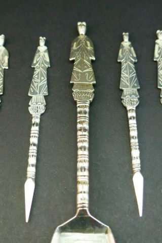 ANTIQUE ART DECO CHINESE EXPORT SOLID SILVER FIGURAL COCKTAIL STICKS AND SPOON 6