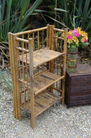 Antique Edwardian Arts And Crafts Bamboo Bookcase ' Foliding 3 Tier ' Rustic Chic 3