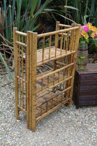 Antique Edwardian Arts And Crafts Bamboo Bookcase ' Foliding 3 Tier ' Rustic Chic 4