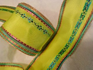 8 - 3/4 Yds Vintage French Wired Ribbon - Lime/turq.  /pink - Embroid.  Flowers - 1 - 1/2