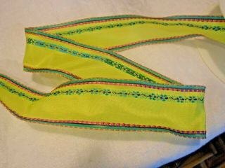 8 - 3/4 YDS VINTAGE FRENCH WIRED RIBBON - LIME/TURQ.  /PINK - EMBROID.  FLOWERS - 1 - 1/2 3