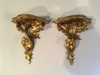 Antique Italian Gilded Rococo Florentine Wall Shelves Set Of 2 Hand Carved Wood