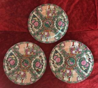 3x Antique Chinese Hand - Painted Rose Dinner Plates Medallion -