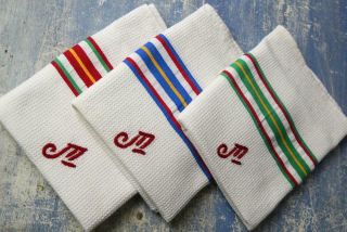3 Vintage French Torchons Striped Monogram French Waffle Cotton Tea Towels F28