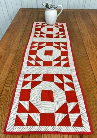Country Red C 1890 - 1900 Goose In Pond Quilt Antique Table Runner 45 X 15