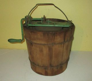 Antique Ice Cream Maker Freezer W Hand Crank & Wood Bucket - Vtg Kitchen Tool