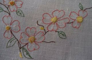 Vintage Pair Linen Table Runners French Knot Embroidered Dogwood Flower Set Pink