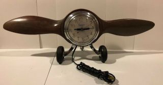 Vintage Sessions Wooden Propeller On Wheels Aviation Clock Master Crafters Rare