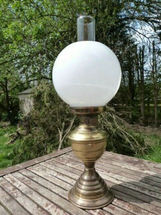 Lovely Antique Vintage Duplex Brass Glass White Globe Oil Lamp.