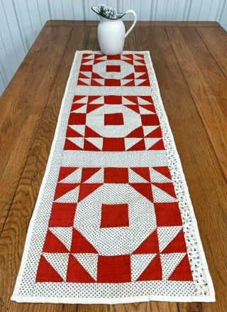 Farmhouse Red C 1890 - 1900 Goose In Pond Quilt Antique Table Runner 45 X 15
