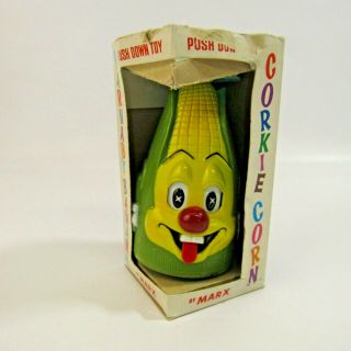Vintage Marx Corkie Corn With Box 6 " Push Down Toy