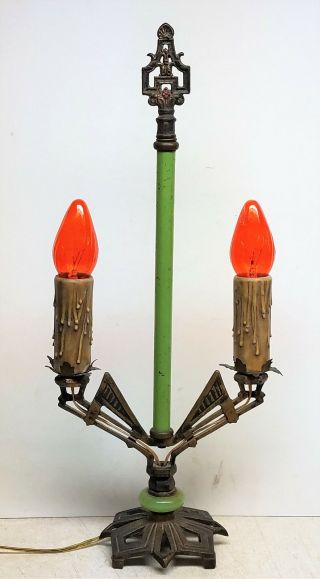 Rare Find Eastlake Style Double Candle Art Deco Table Lamp Gold Toned Cast Iron