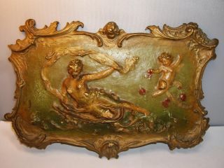 Antique French Barbola Gesso Figural Woman & Cherub Wall Hanging Plaque Chippy