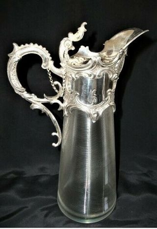 Victorian Threaded Glass & Brittania Metal Claret Decanter Jug Circa 1895.