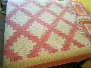 Vintage Handmade Quilt/bedspread Pink/white With 2 Pillow Shams 90x84