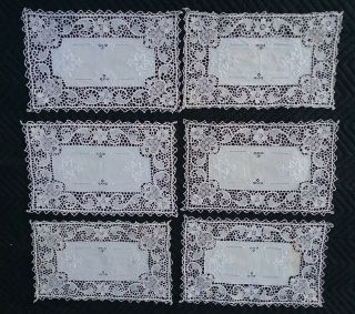 Antique Vintage Set 6 Embroidered Needle Lace Placemats Edwardian Deco Victorian