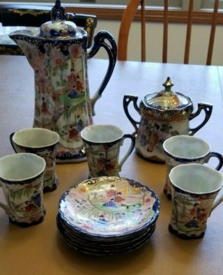 Vintage 20th Century I.  E.  And C.  Company Chocolate Tea Set Hand Painted Porcelai
