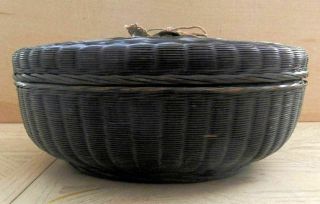 Vintage 12 " Dia.  Chinese Bamboo Black Sewing Basket W/ Lucky Coin