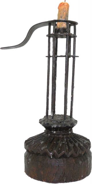 18th Century Wood & Sheet Iron Wine Cave Cage Candlestick