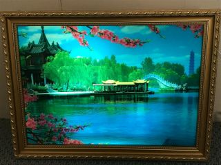 Vintage Mid Century Glass Lighted Picture Of Pagoda With Sound Of Birds & Water