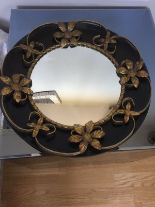 Vintage Mid Century Convex Black & Gold Mirror 1960 