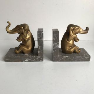 French Art Deco Elephant Bookends Marble Base Gold Over Spelter 1920 