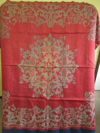 Antique Vtg 1900s Turkey Red Green Damask Tudor Flower Weave Tablecloth Fabric