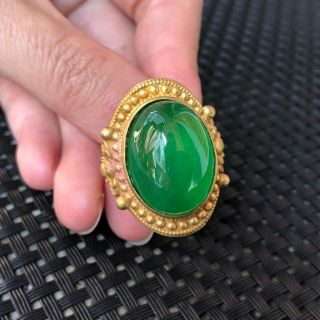 Chinese Natural Green Jadeite Jade Bead Rare Handwork No.  7.  5 - 12 Golden Bat Ring
