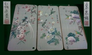 Set Of 3 Chinese Signed Hand Painted Silks - For Restoration Oriental Art