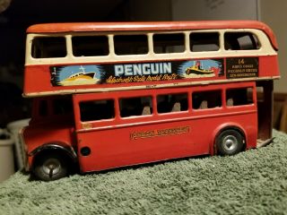 Vtg Tri - Ang Minic Metal Double Decker Bus Made In England Penguin Tin Toy